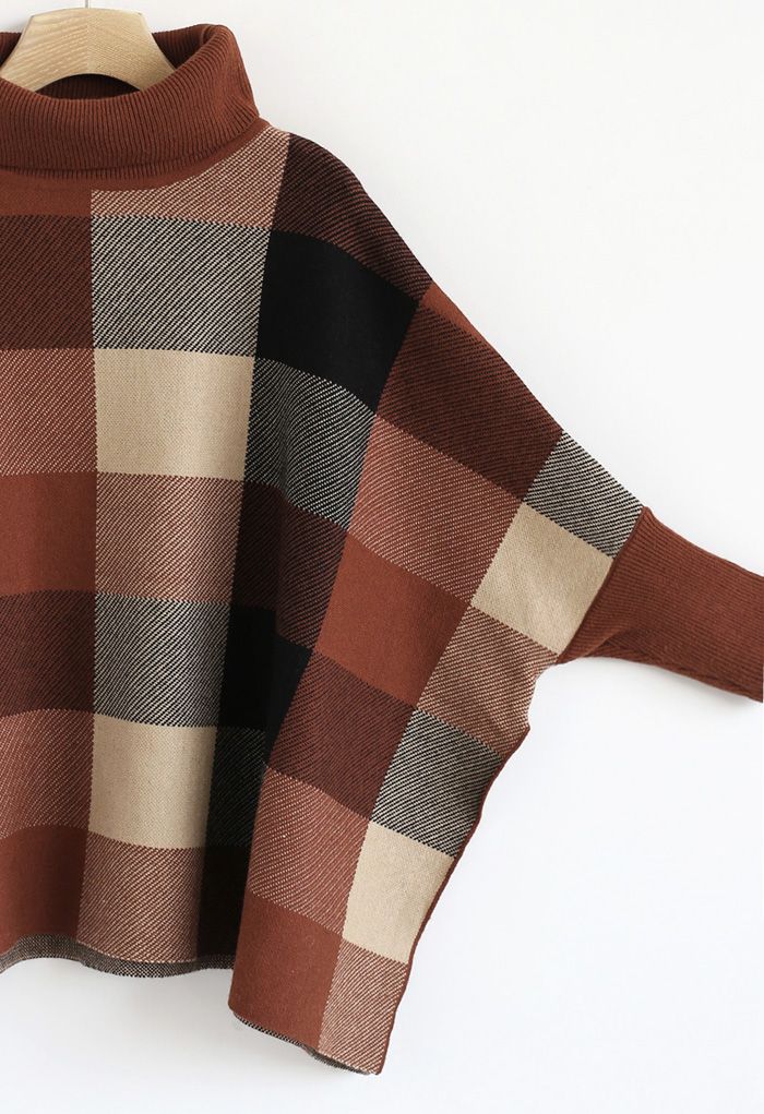 Lie in Check Fields Turtleneck Cape Sweater in Caramel