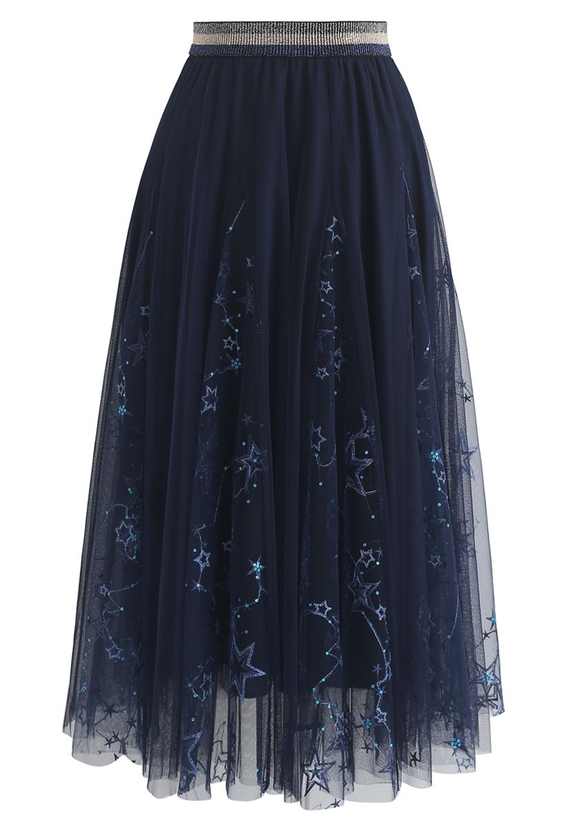 Dazzling Stars Tulle Midi Skirt in Navy