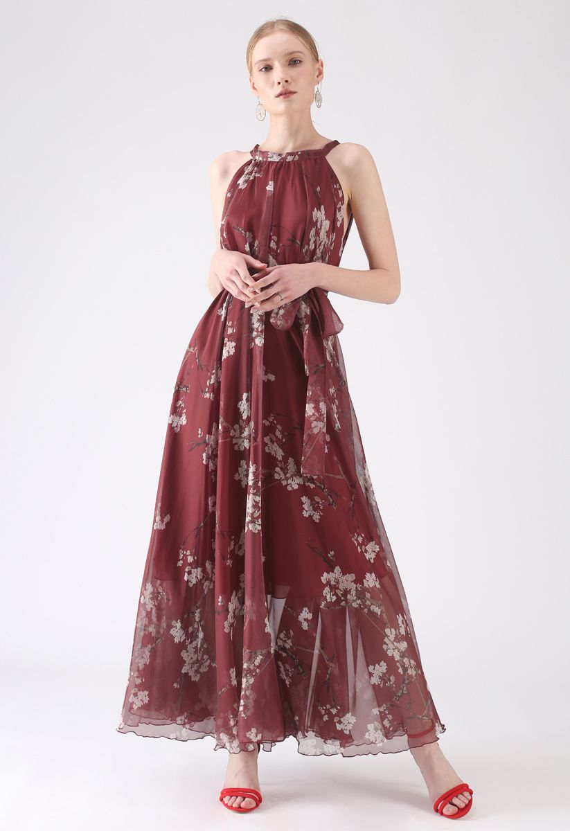 Plum Blossom Watercolor Maxi Slip Dress in Wine