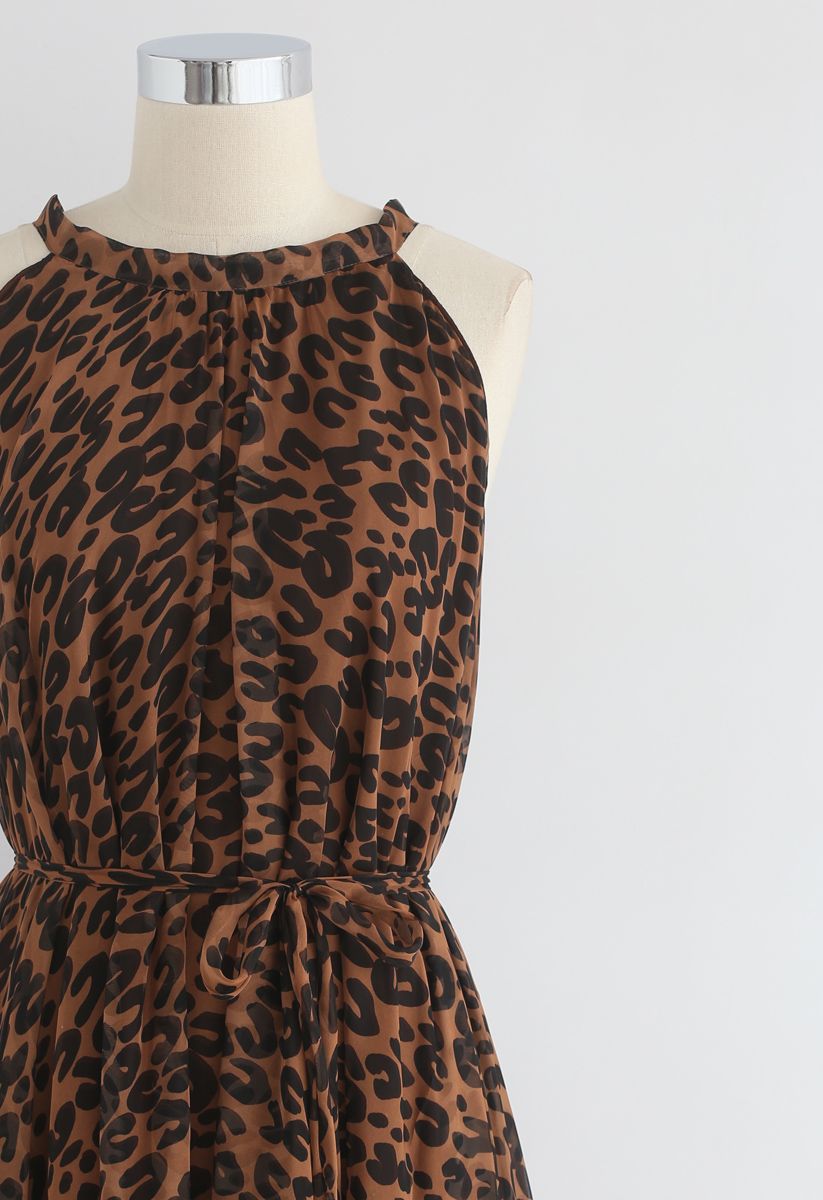 Leopard Watercolor Maxi Slip Dress in Brown