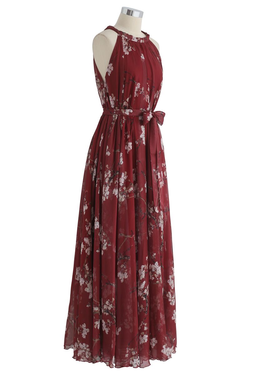 Plum Blossom Watercolor Maxi Slip Dress in Wine