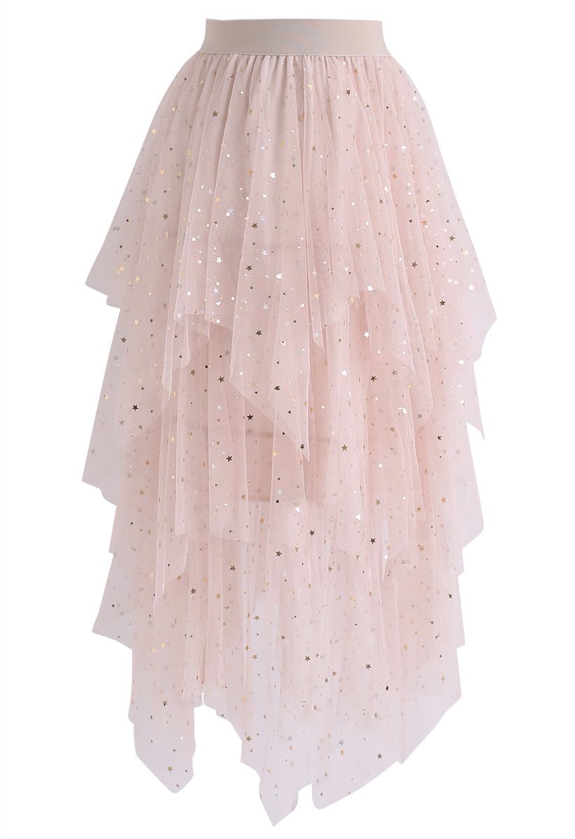 Shooting Stars Asymmetric Tiered Mesh Skirt in Pink