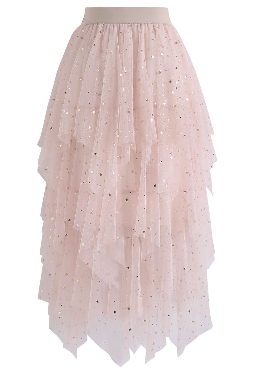 Shooting Stars Asymmetric Tiered Mesh Skirt in Pink