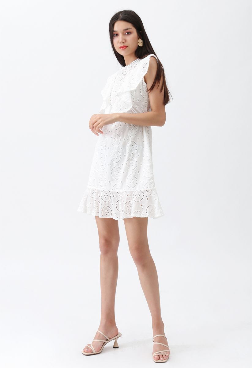 High Spirits Embroidered Ruffle Dress in White