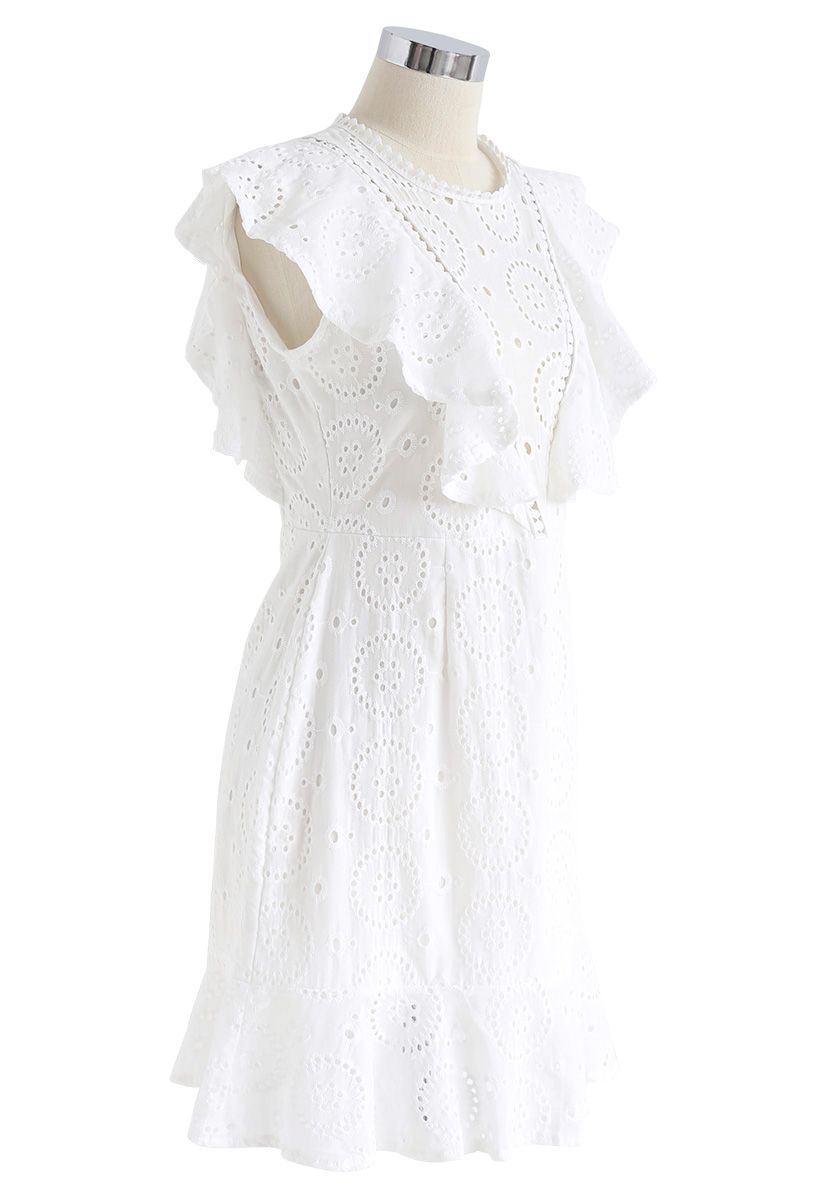 High Spirits Embroidered Ruffle Dress in White