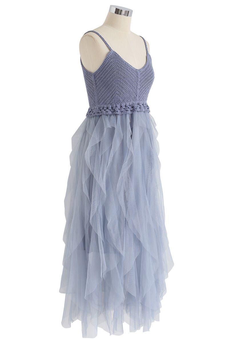 Knit Ruffled Mesh Cami Dress in Blue