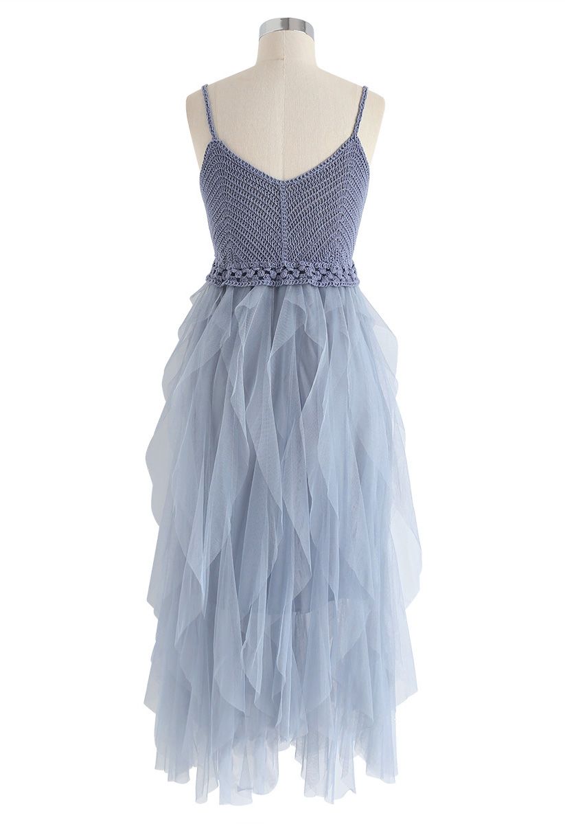 Knit Ruffled Mesh Cami Dress in Blue