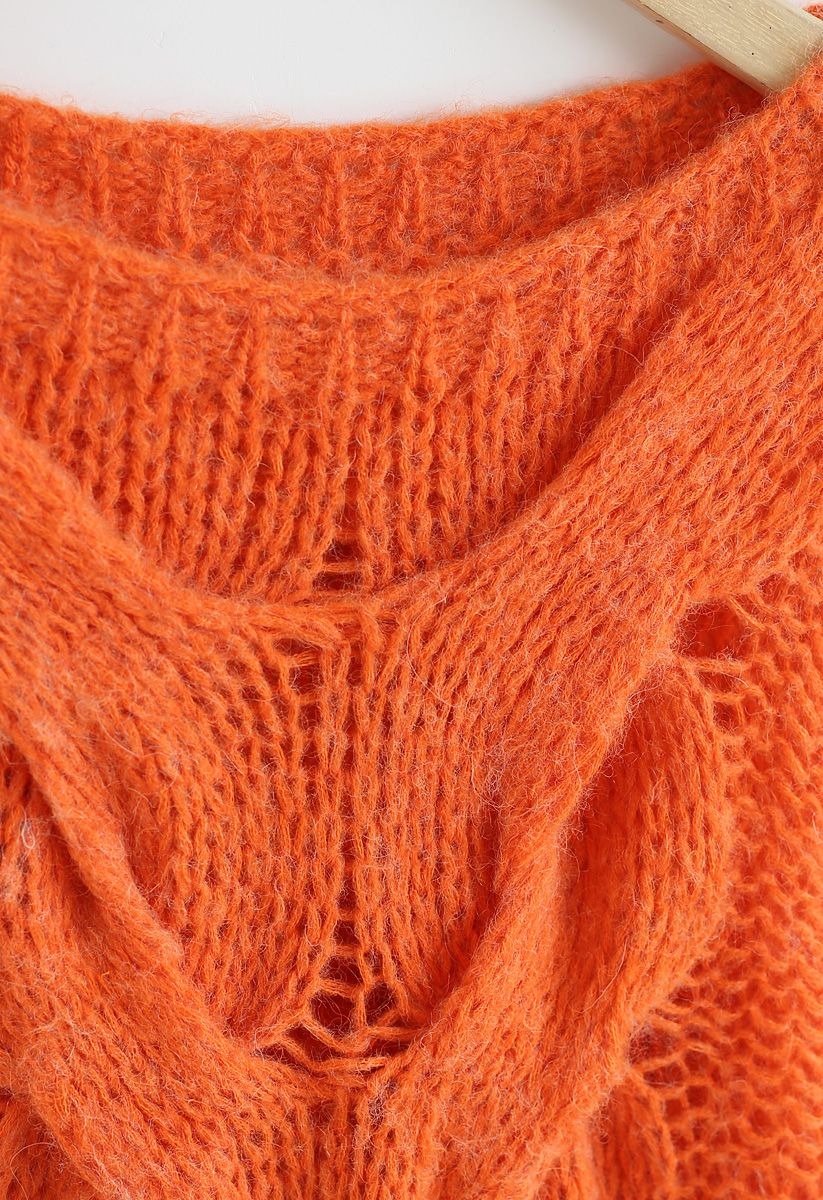 Hand-Knit Puff Sleeves Sweater in Orange