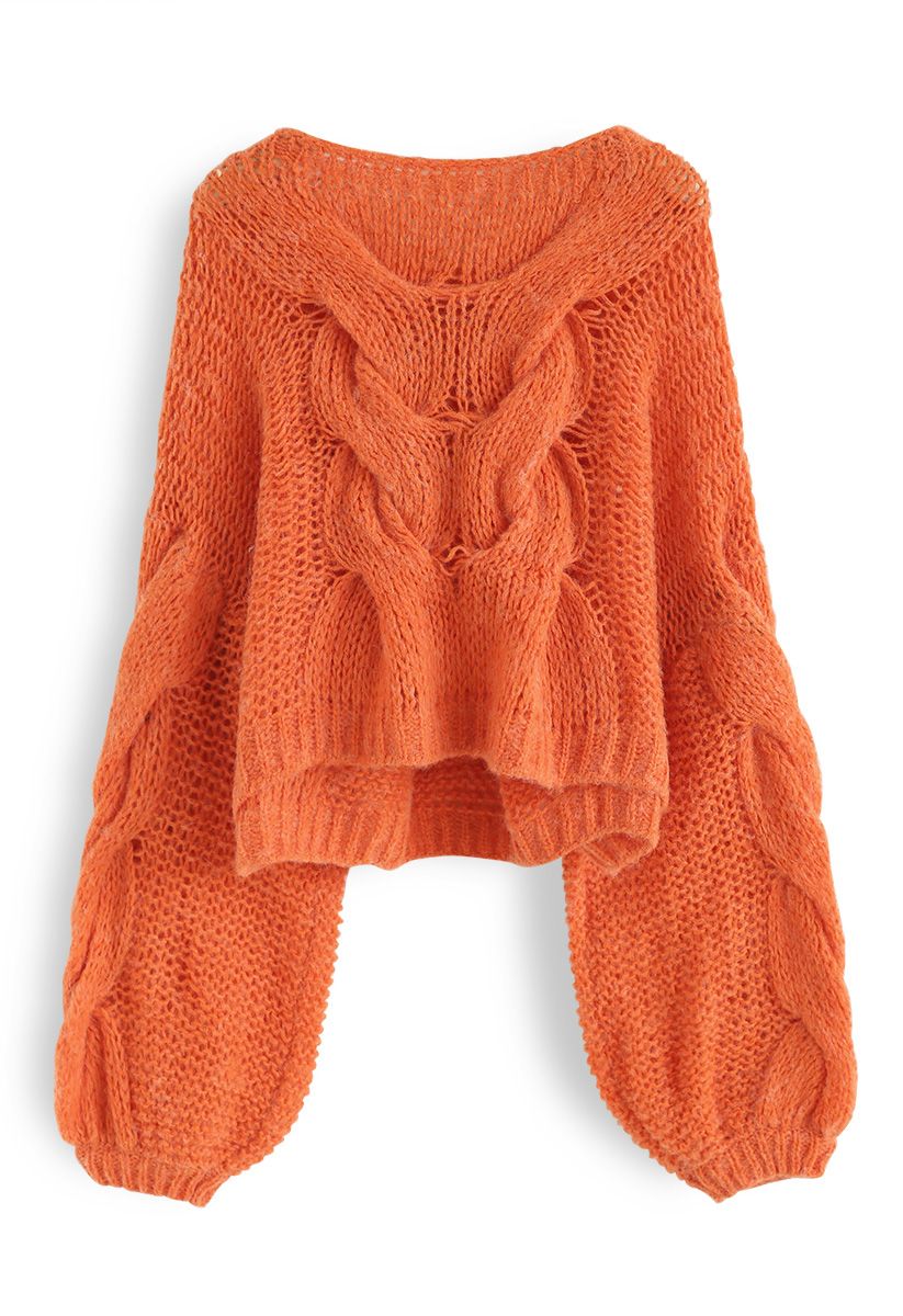 Hand-Knit Puff Sleeves Sweater in Orange