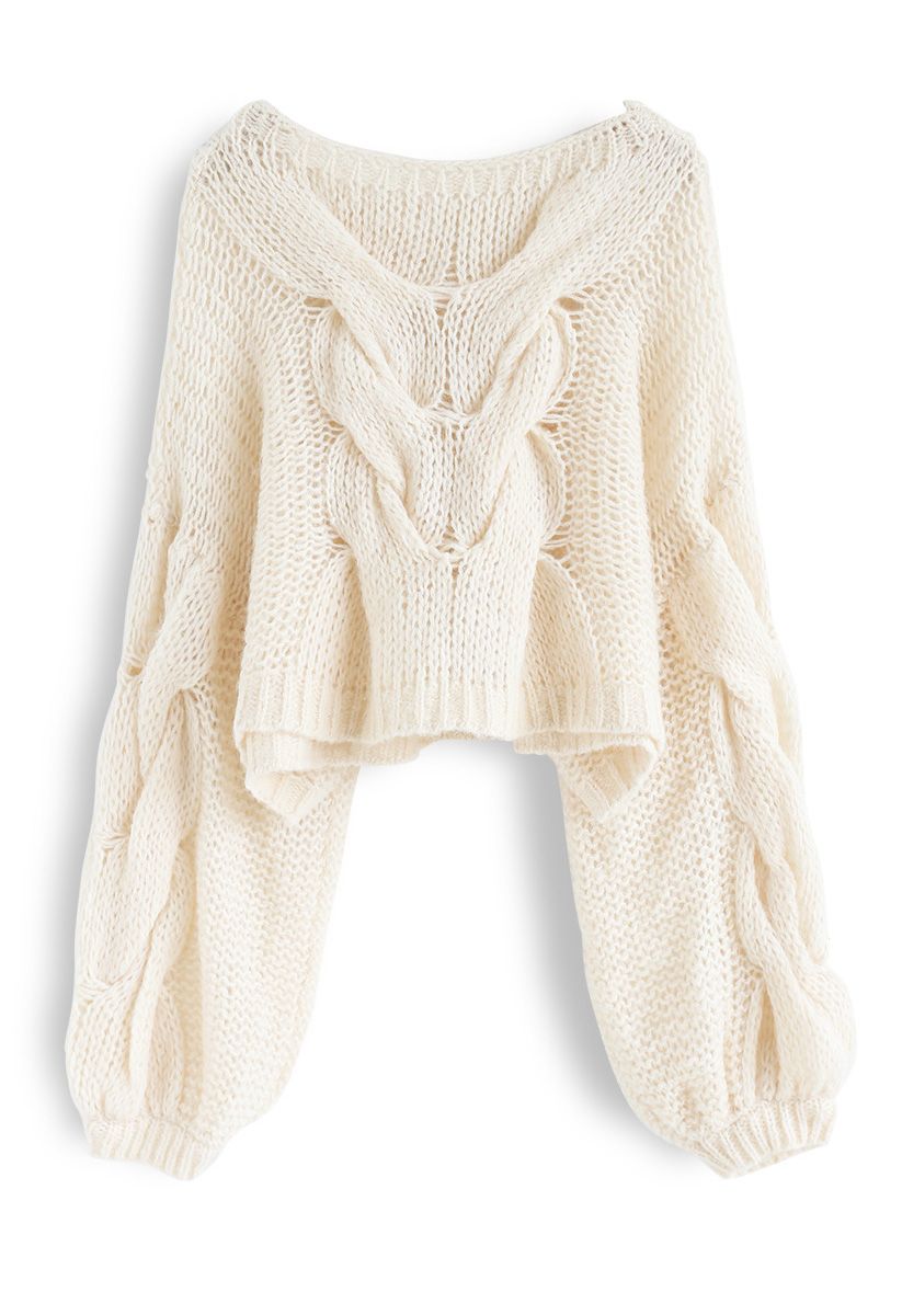 Hand-Knit Puff Sleeves Sweater in Cream