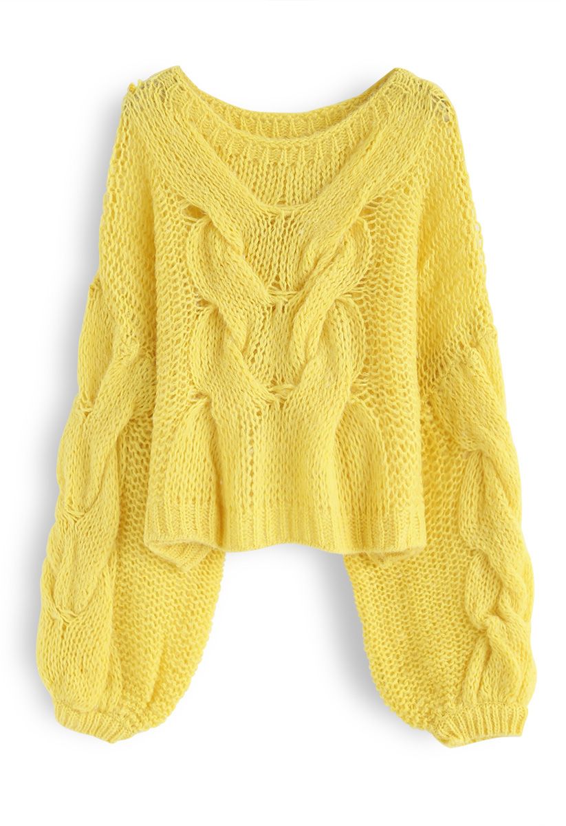 Hand-Knit Puff Sleeves Sweater in Yellow