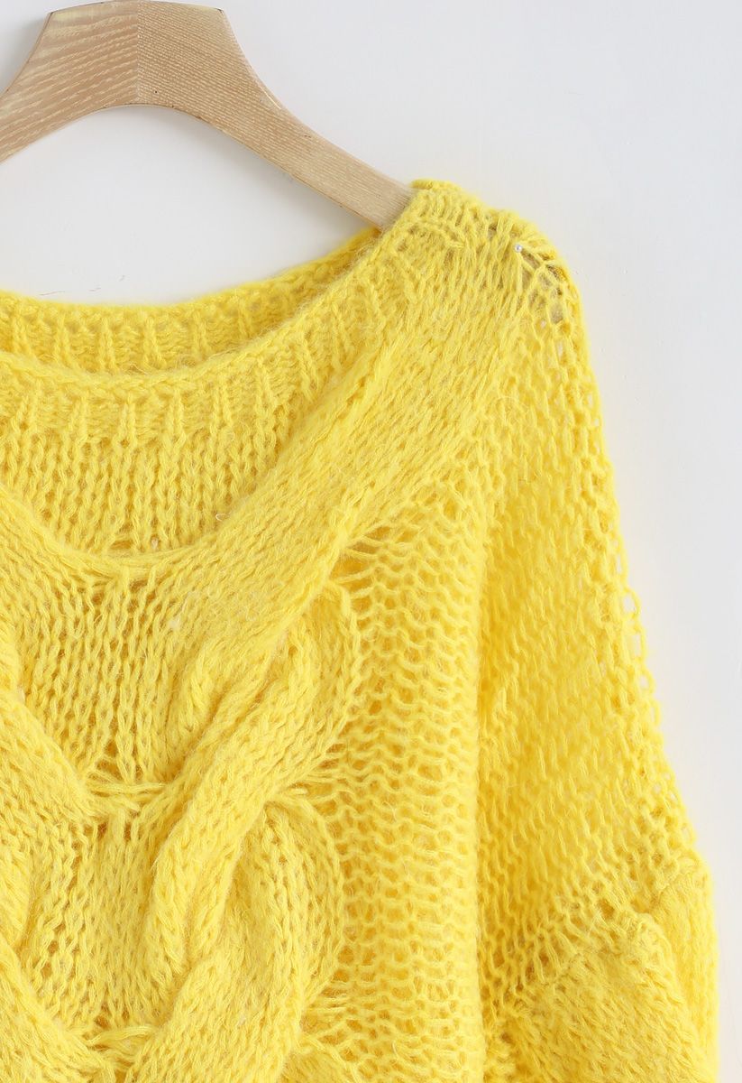 Hand-Knit Puff Sleeves Sweater in Yellow