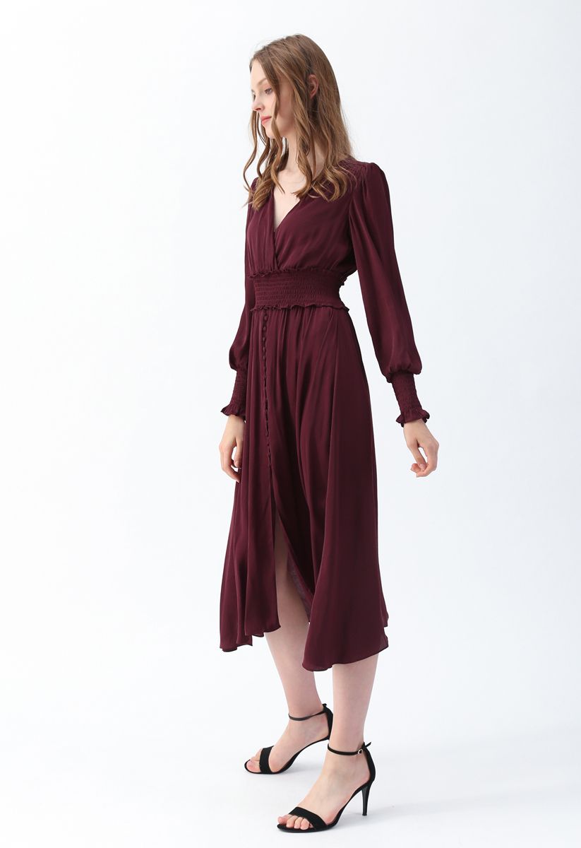 Satin Button Down Wrap Midi Dress in Wine