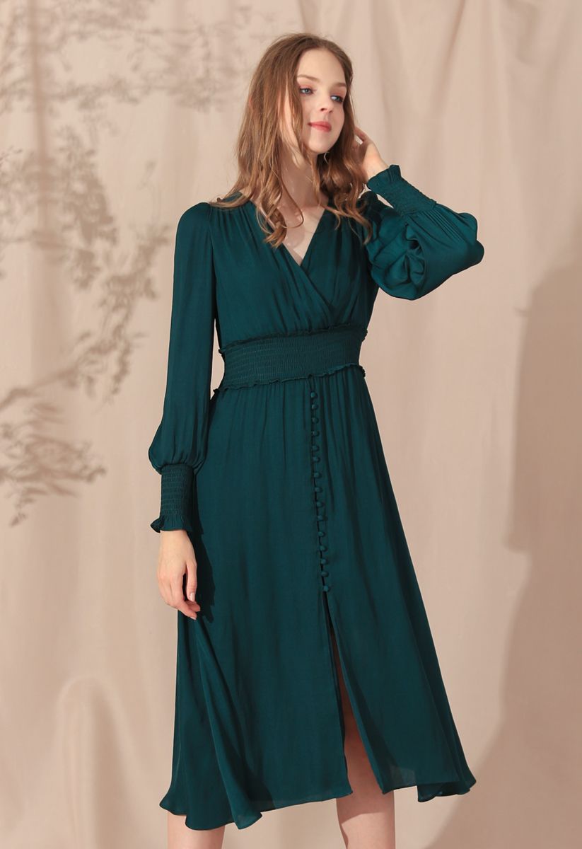 Satin Button Down Wrap Midi Dress in Dark Green