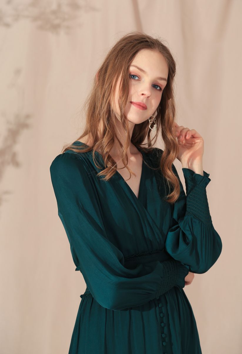 Satin Button Down Wrap Midi Dress in Dark Green