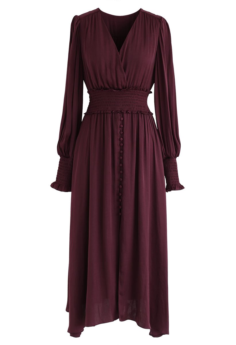 Satin Button Down Wrap Midi Dress in Wine