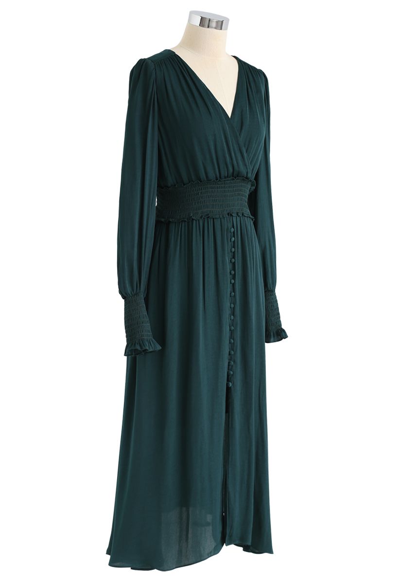 Satin Button Down Wrap Midi Dress in Dark Green