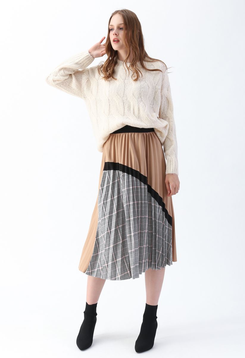 Plaid Splicing Pleated Midi Skirt in Tan