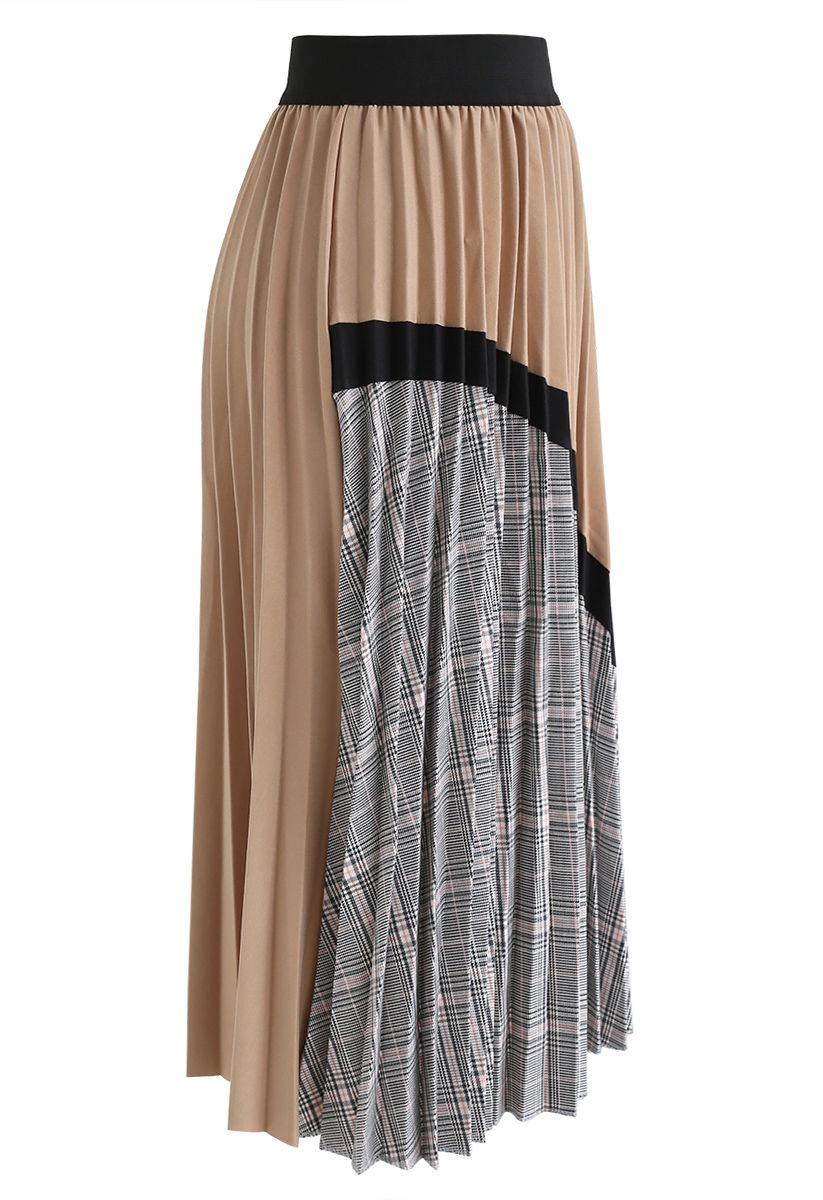 Plaid Splicing Pleated Midi Skirt in Tan