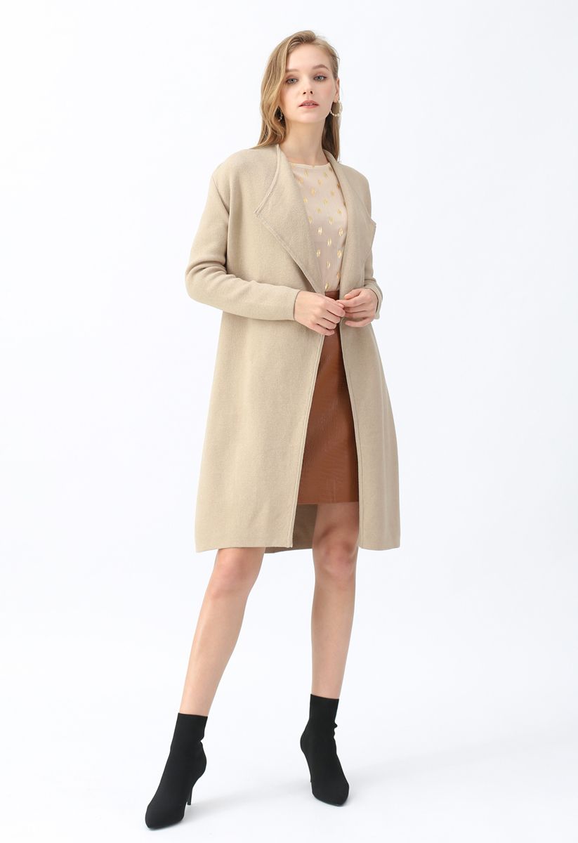 Classy Open Front Knit Coat in Light Tan