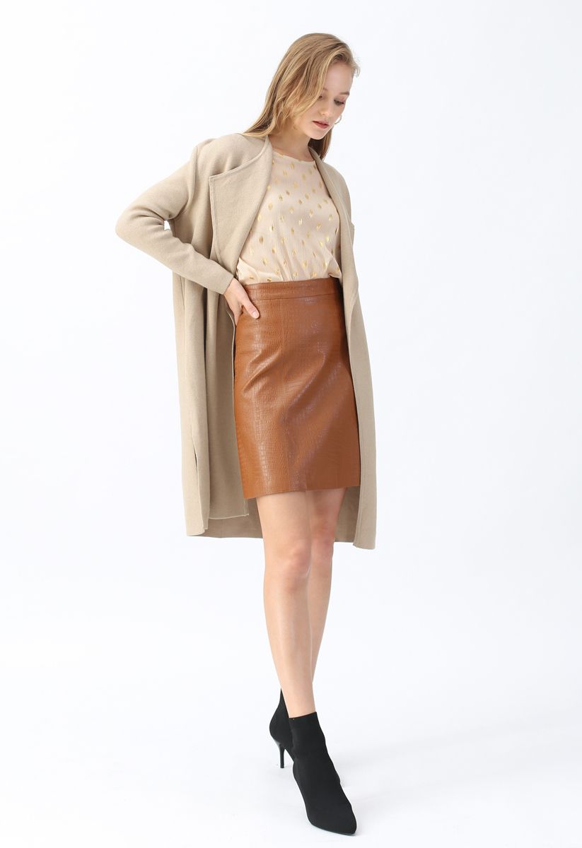 Classy Open Front Knit Coat in Light Tan