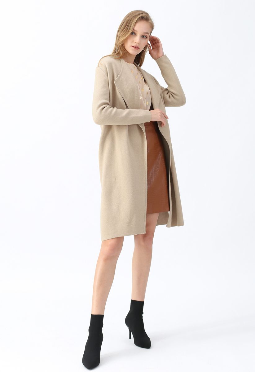 Classy Open Front Knit Coat in Light Tan