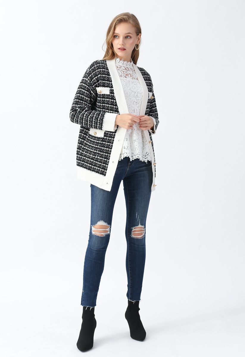 Pockets Button Trim Knit Cardigan in Black