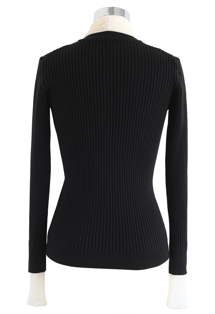 Mesh Bow Neck Long Sleeves Ribbed Knit Top