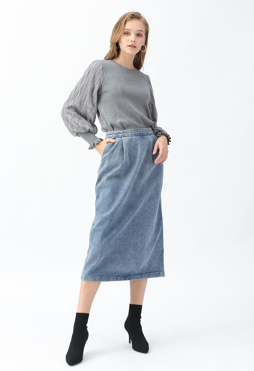 Shiny Lines Puff Sleeves Knit Top in Grey