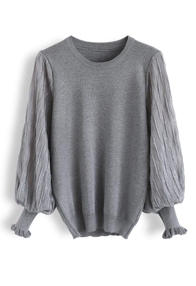 Shiny Lines Puff Sleeves Knit Top in Grey