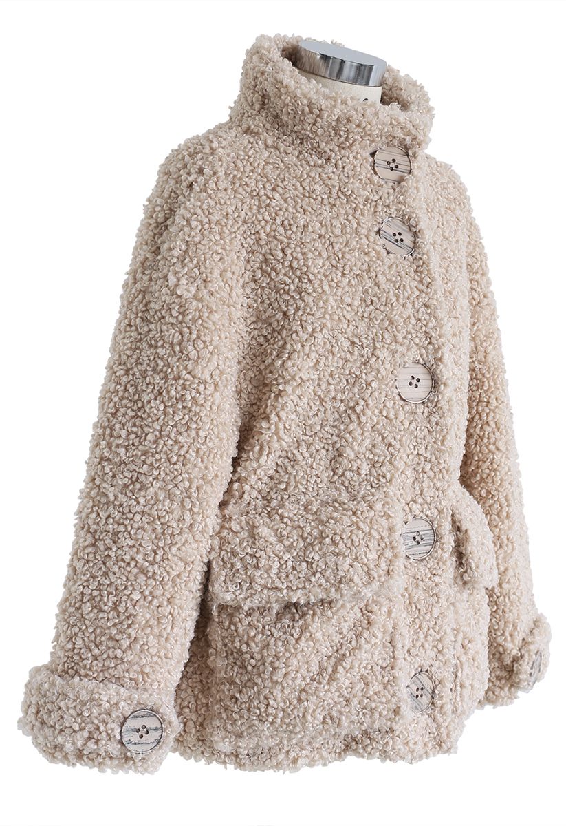 Buttoned Pocket Teddy Coat in Sand