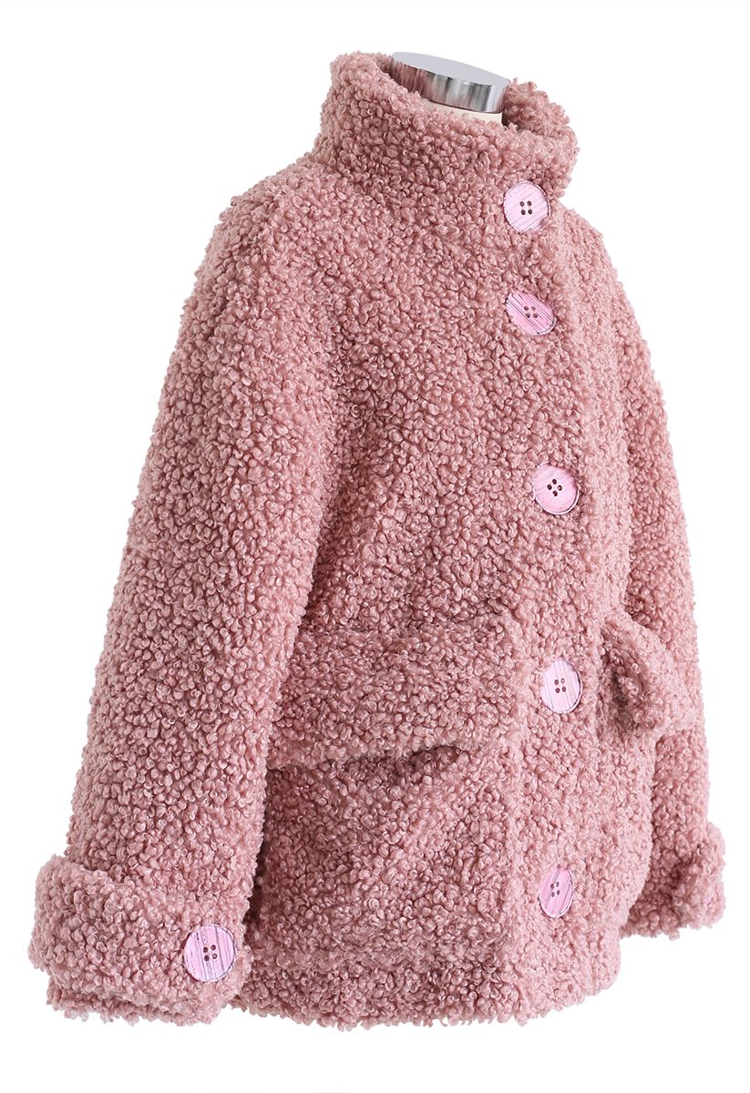 Buttoned Pocket Teddy Coat in Mauve