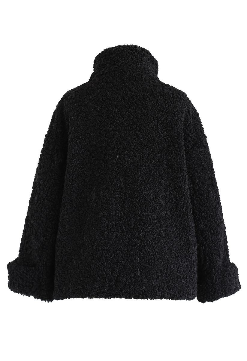 Buttoned Pocket Teddy Coat in Black