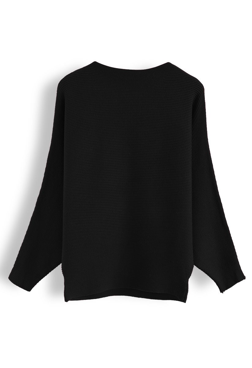 Boat Neck Batwing Sleeves Knit Top in Black