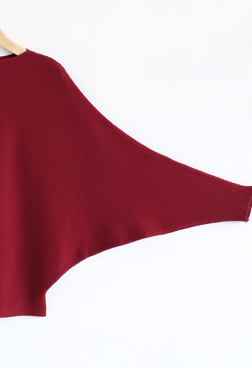 Boat Neck Batwing Sleeves Knit Top in Red