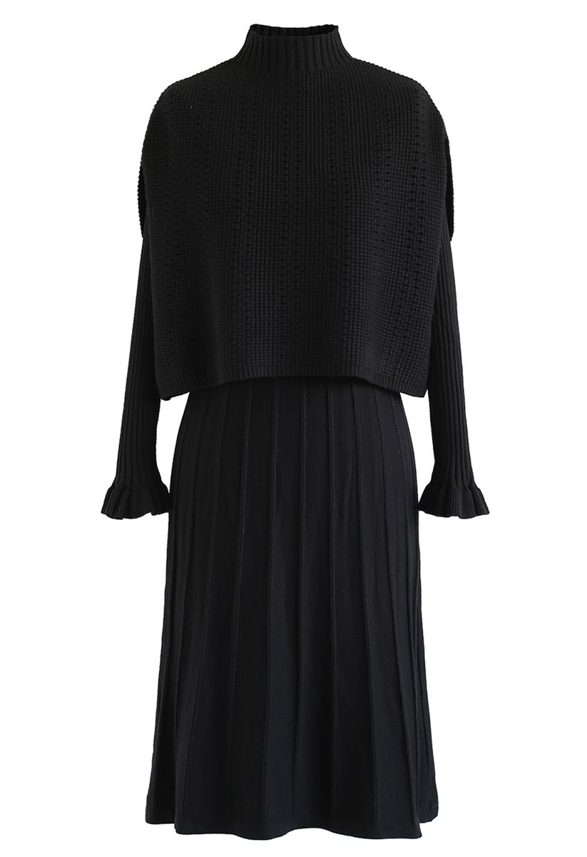 Mock Neck Pleated Knit Twinset Dress in Black