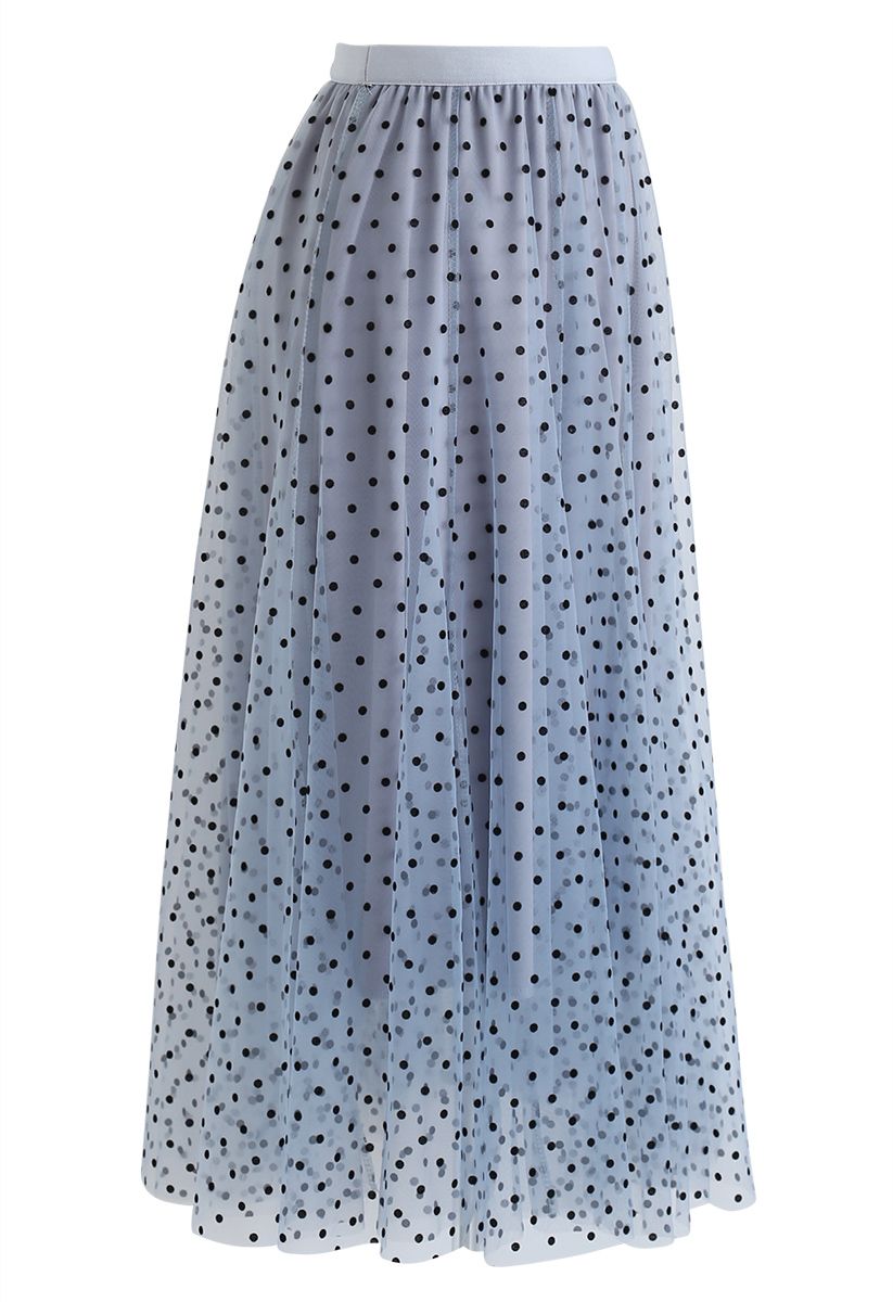 Full Polka Dots Double-Layered Mesh Tulle Skirt in Baby Blue