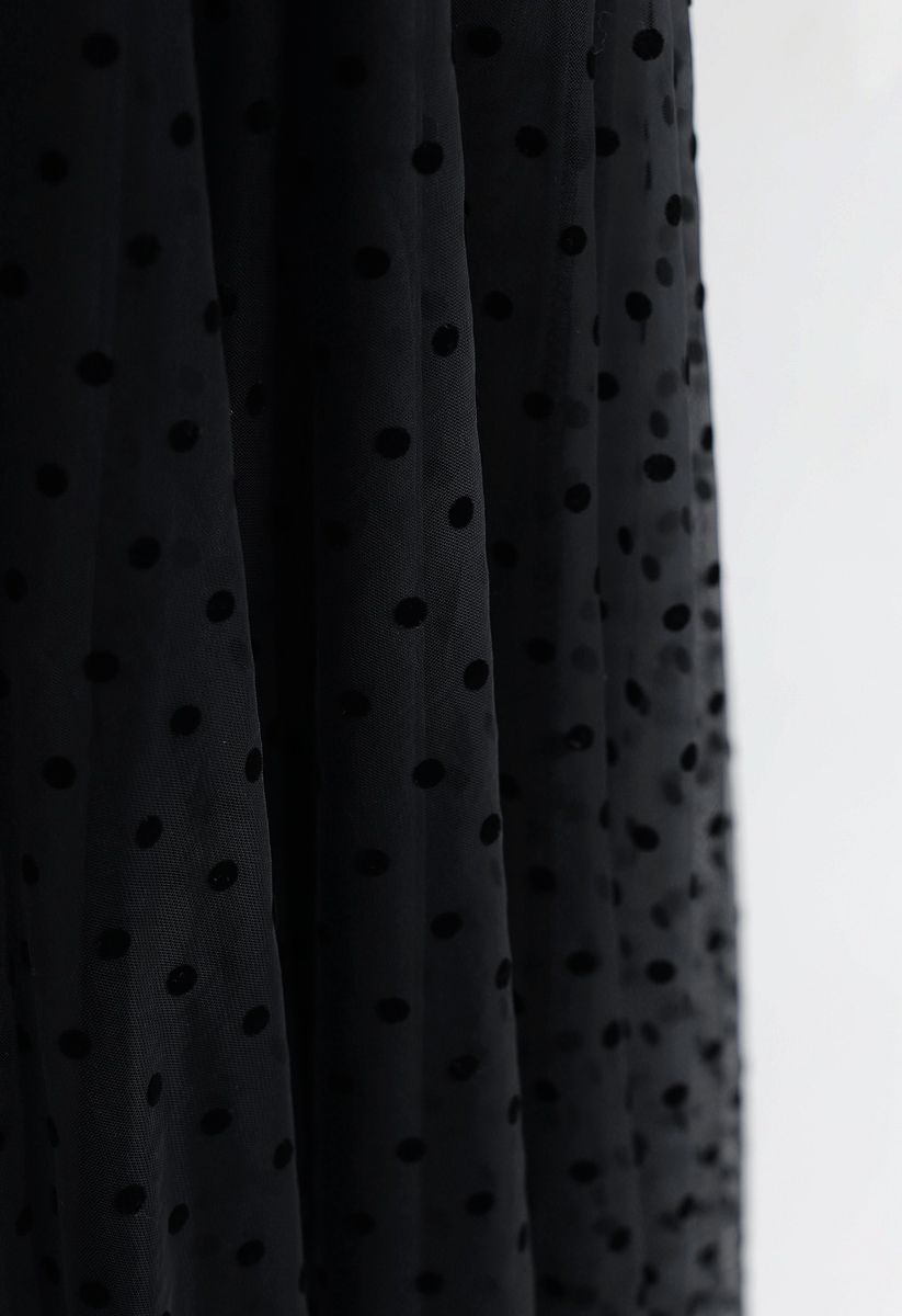 Full Polka Dots Double-Layered Mesh Tulle Skirt in Black