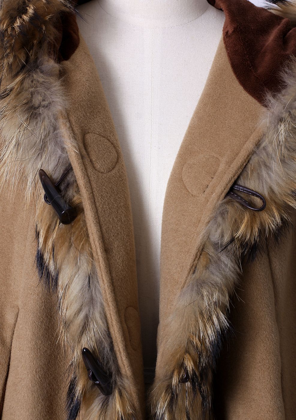 Luxury Khaki Detachable Fur Hooded Cape