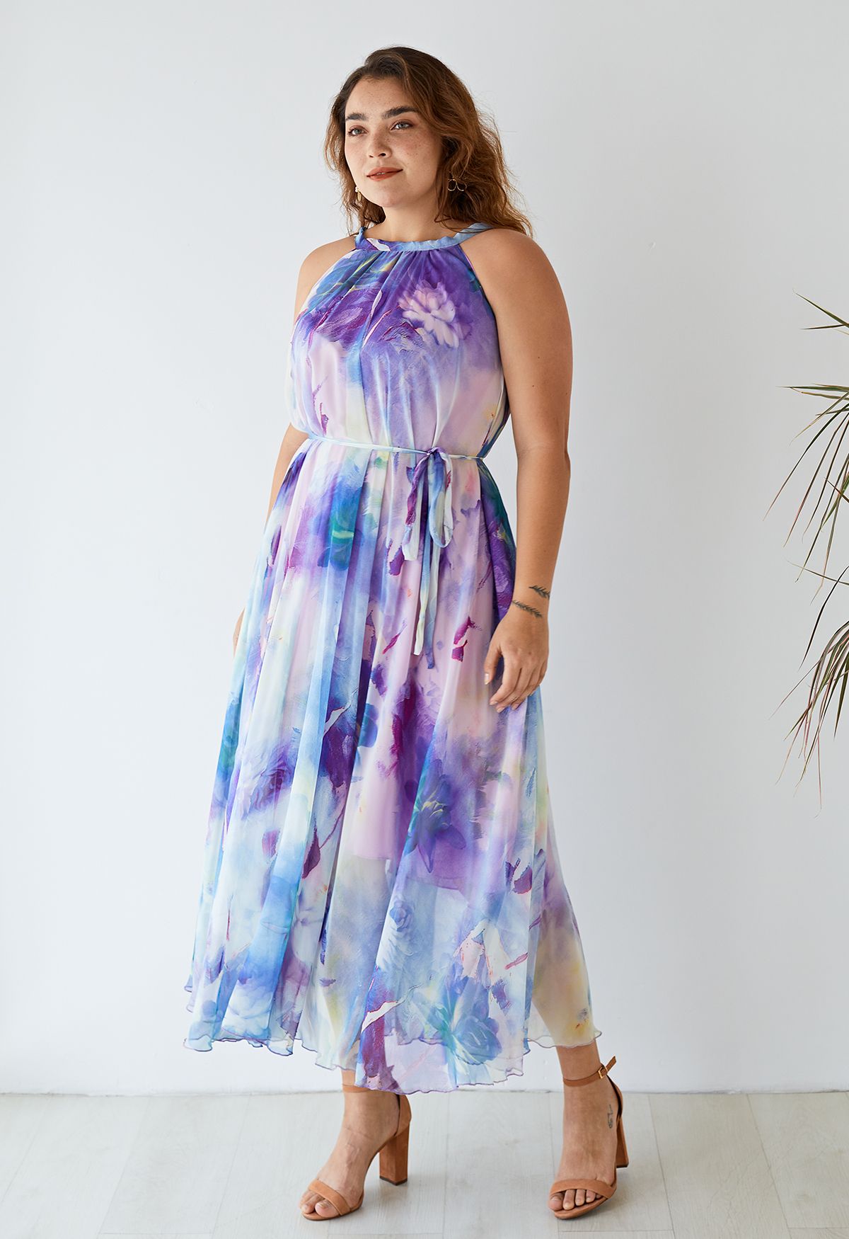 Floral Watercolor Maxi Slip Dress in Violet