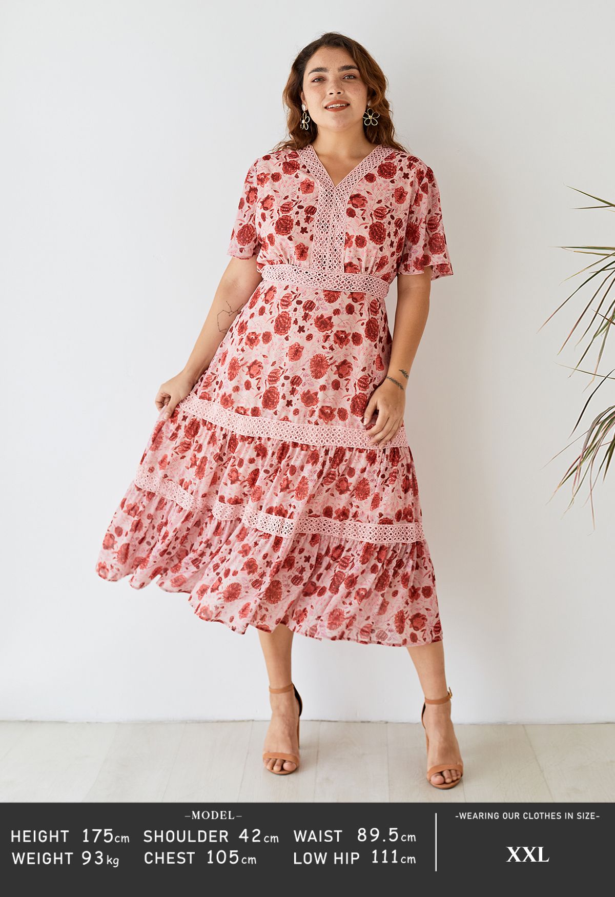 Red Floral Crochet Frilling Chiffon Dress