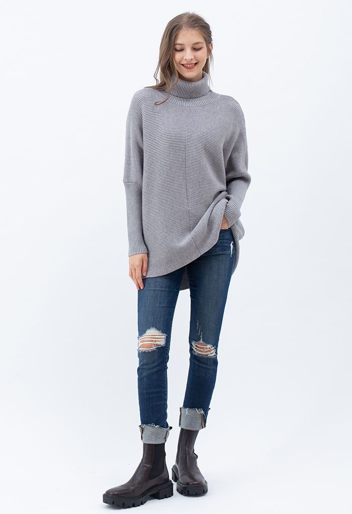 Effortless Chic Turtleneck Batwing Sleeve Hi-Lo Sweater in Grey