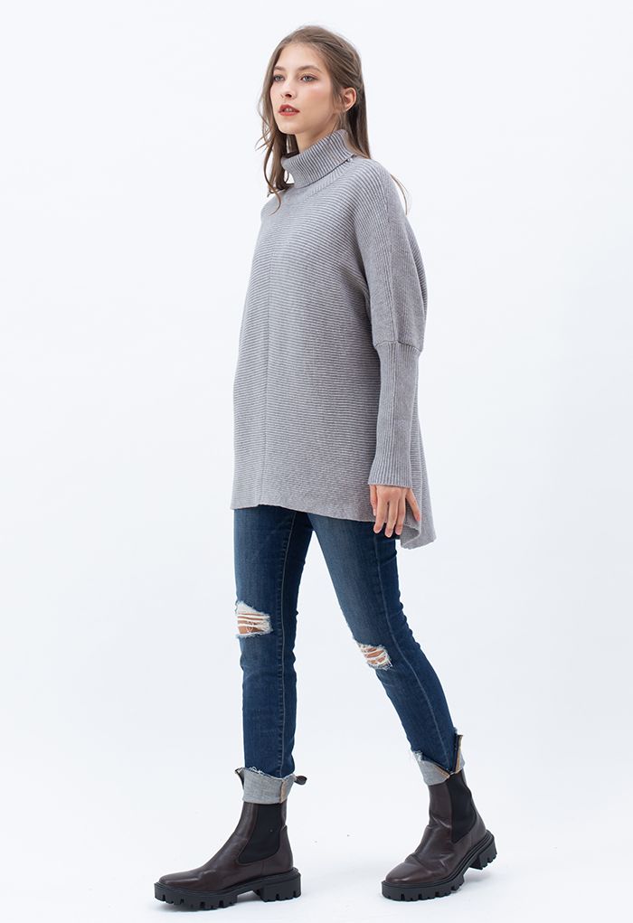 Effortless Chic Turtleneck Batwing Sleeve Hi-Lo Sweater in Grey