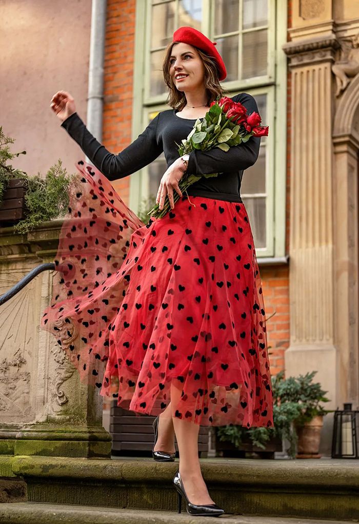 3D Heart Double-Layered Mesh Maxi Skirt in Red