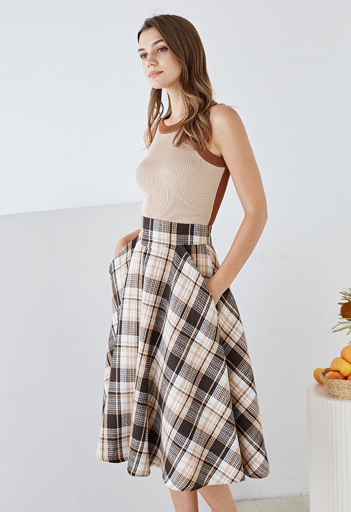 Plaid Tweed High-Waist A-Line Midi Skirt