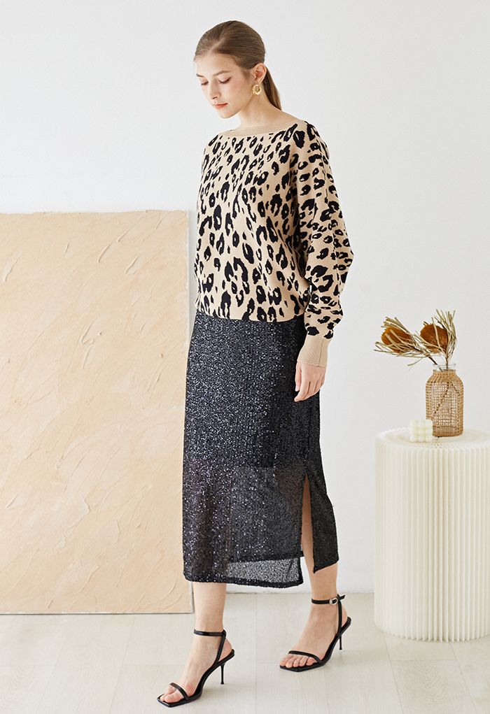 Leopard Jacquard Batwing Sleeve Sweater in Camel