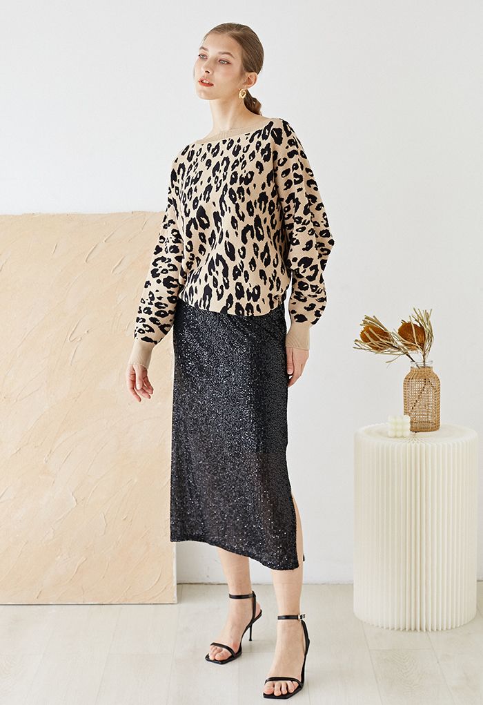 Leopard Jacquard Batwing Sleeve Sweater in Camel