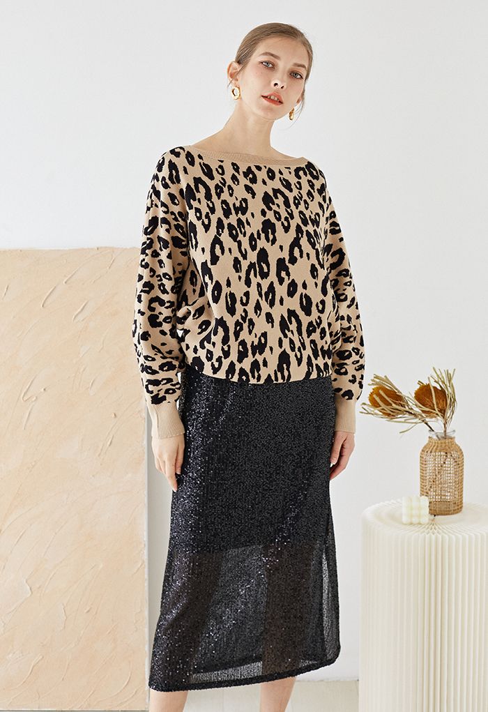 Leopard Jacquard Batwing Sleeve Sweater in Camel