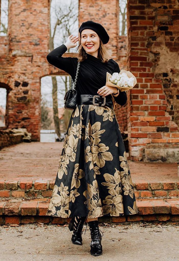 Golden Dahlia Blossom Jacquard Maxi Skirt