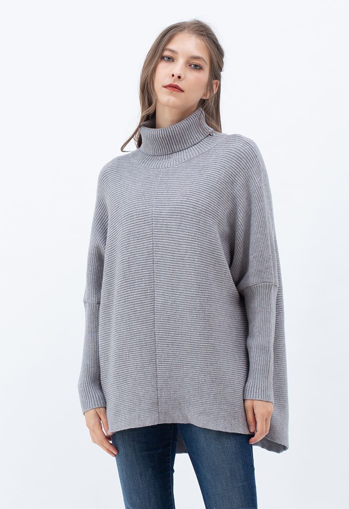 Effortless Chic Turtleneck Batwing Sleeve Hi-Lo Sweater in Grey